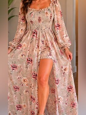 Charlotte Russe Floral Maxi Romper XL Smocked Wedding Guest Garden Party